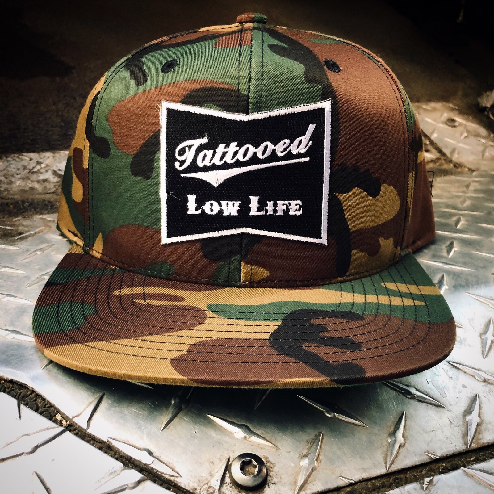 Tattooed Low Life Embroidered Patch Camouflage Snapback Hat